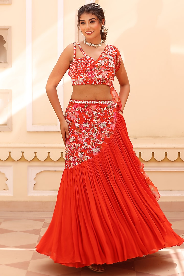 Orange Georgette Crepe Zardosi Embroidered Fish-Cut Wedding Lehenga Set by MANISHA SONI at Pernia's Pop Up Shop