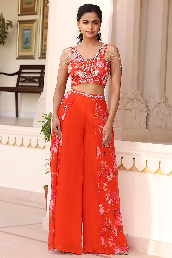 Orange Georgette Crepe Floral Printed Pant Set by MANISHA SONI at Pernia's Pop Up Shop