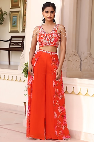 Orange Georgette Crepe Floral Printed Pant Set by MANISHA SONI