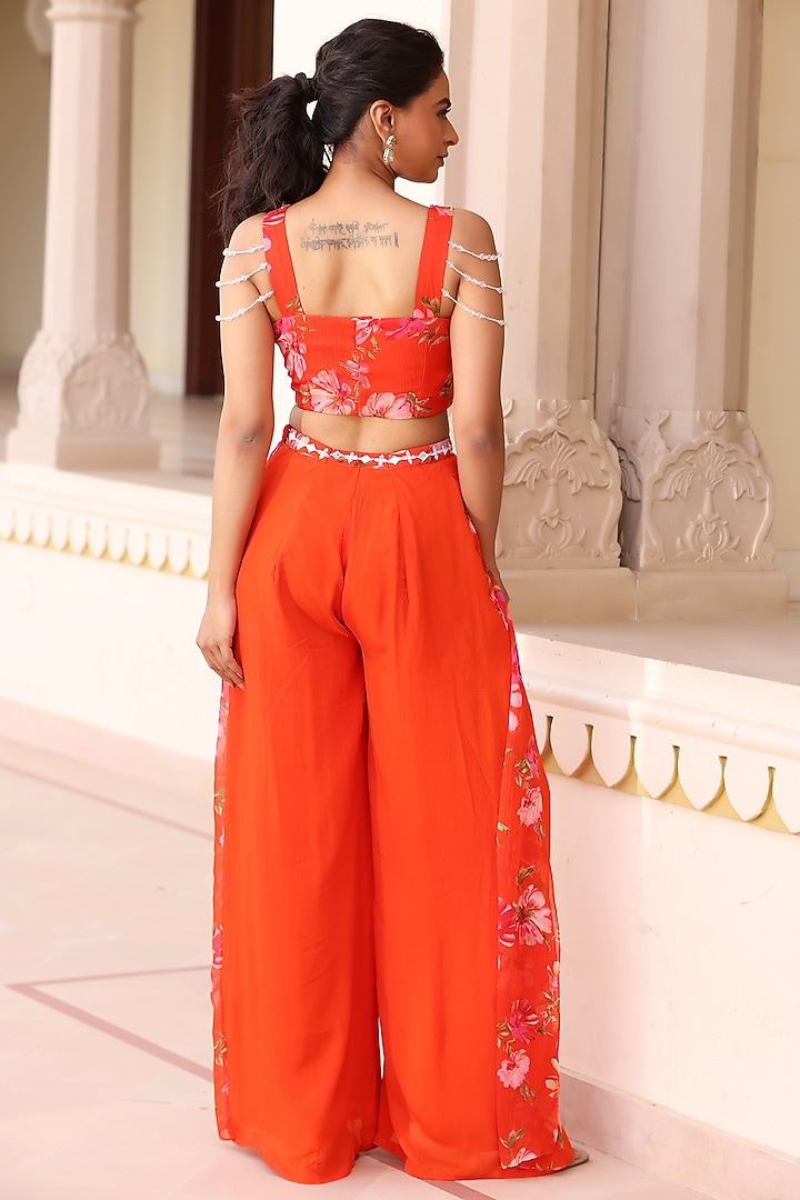 Orange Georgette Crepe Floral Printed Pant Set by MANISHA SONI at Pernia's Pop Up Shop