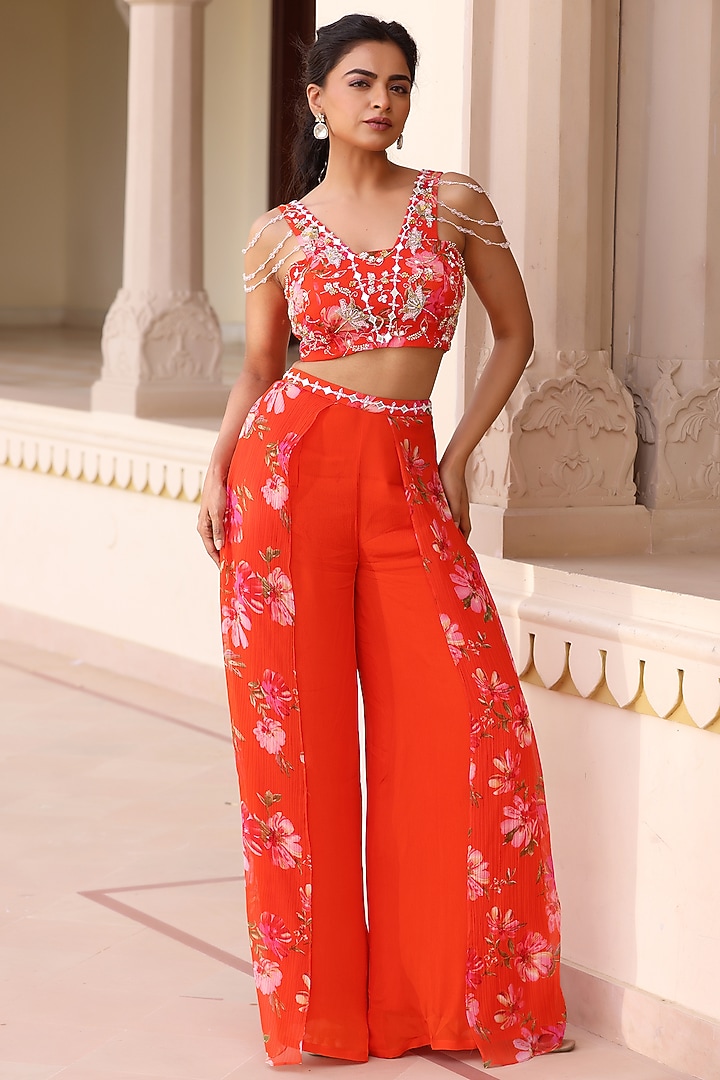 Orange Georgette Crepe Floral Printed Pant Set by MANISHA SONI at Pernia's Pop Up Shop
