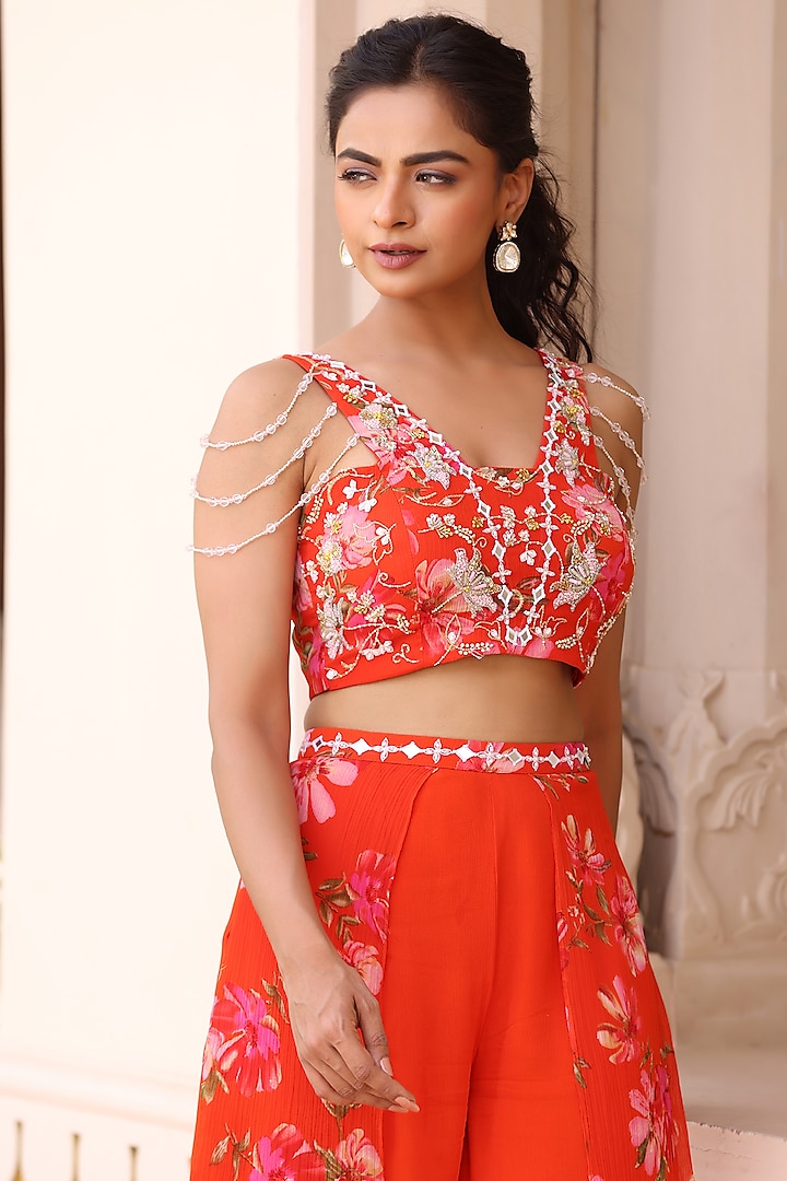 Orange Georgette Crepe Floral Printed Pant Set by MANISHA SONI at Pernia's Pop Up Shop
