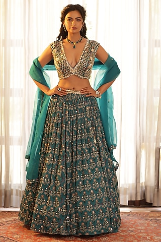 Green Chiffon Floral Printed Lehenga Set by MANISHA SONI