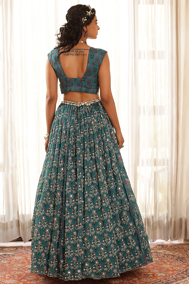 Green Chiffon Floral Printed Wedding Lehenga Set by MANISHA SONI at Pernia's Pop Up Shop
