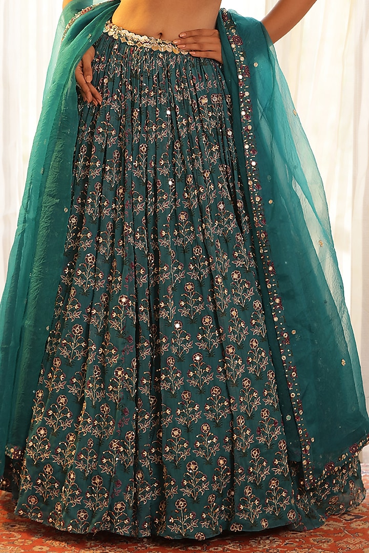 Green Chiffon Floral Printed Wedding Lehenga Set by MANISHA SONI at Pernia's Pop Up Shop