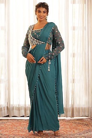 Green Chiffon & Georgette Pre-Draped Saree Set by MANISHA SONI