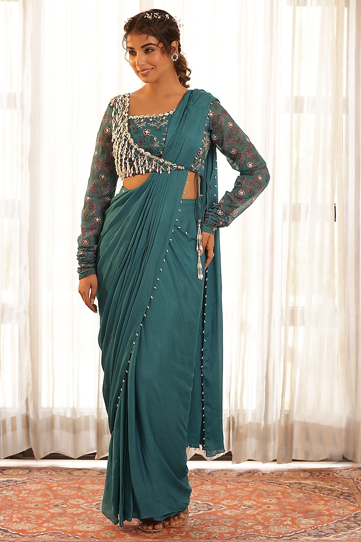 Green Chiffon & Georgette Pre-Draped Party Wear Saree Set by MANISHA SONI at Pernia's Pop Up Shop