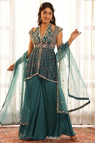 Green Chinon & Chiffon Flared Pant Set by MANISHA SONI