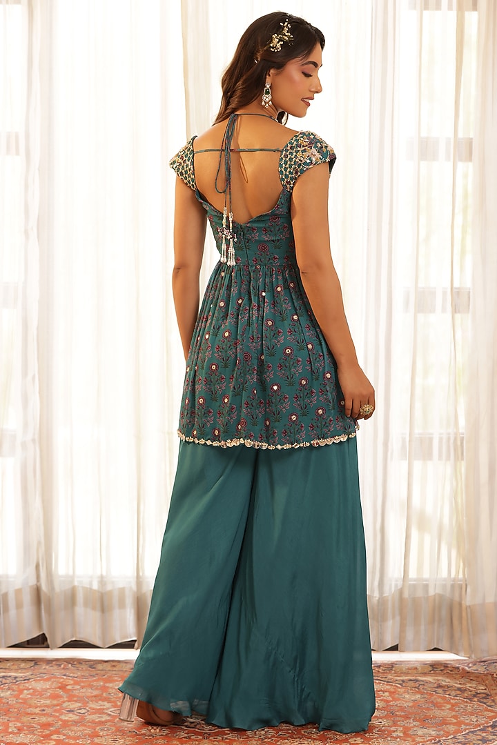Green Chinon & Chiffon Flared Pant Set by MANISHA SONI at Pernia's Pop Up Shop