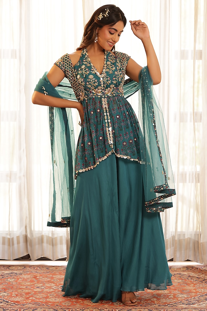 Green Chinon & Chiffon Flared Pant Set by MANISHA SONI at Pernia's Pop Up Shop