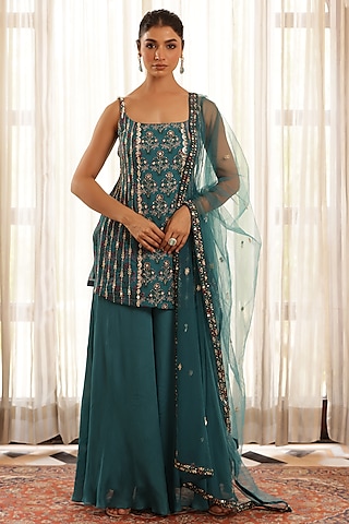 Green Chiffon Floral Printed & Hand Embroidered Straight Kurta Set by MANISHA SONI
