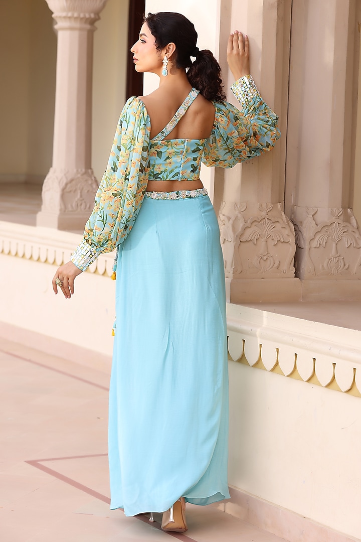 Blue Georgette Draped Skirt Set by MANISHA SONI at Pernia's Pop Up Shop