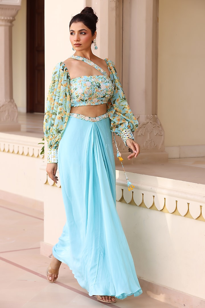 Blue Georgette Draped Skirt Set by MANISHA SONI at Pernia's Pop Up Shop