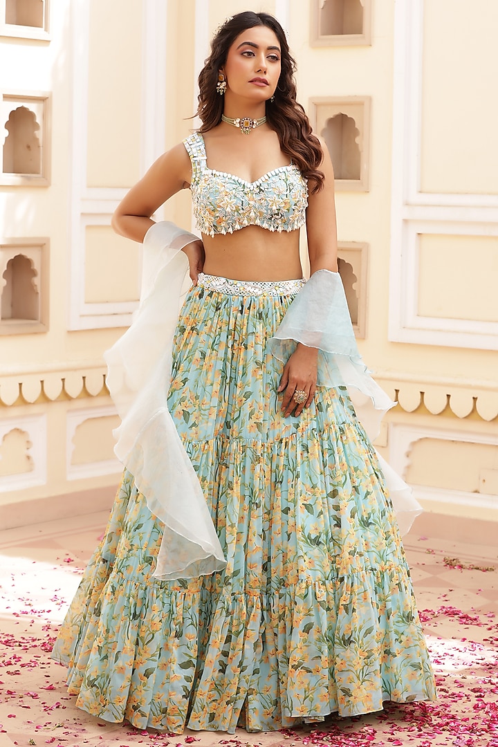 Blue Chiffon Floral Printed Lehenga Set by MANISHA SONI