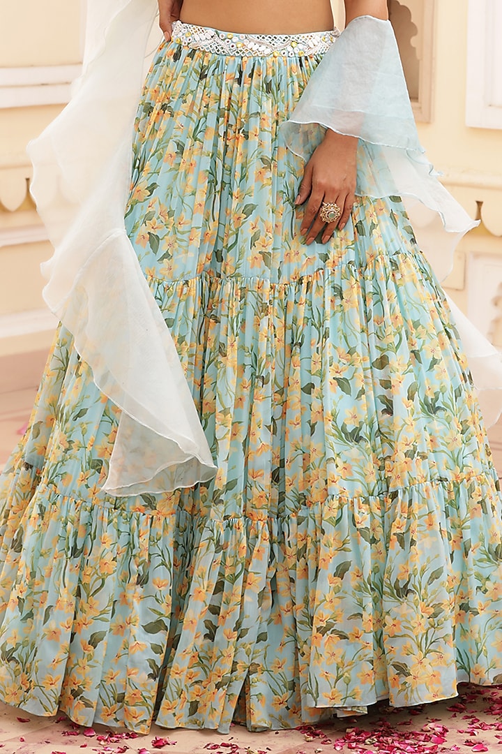 Blue Chiffon Floral Printed Wedding Lehenga Set by MANISHA SONI at Pernia's Pop Up Shop