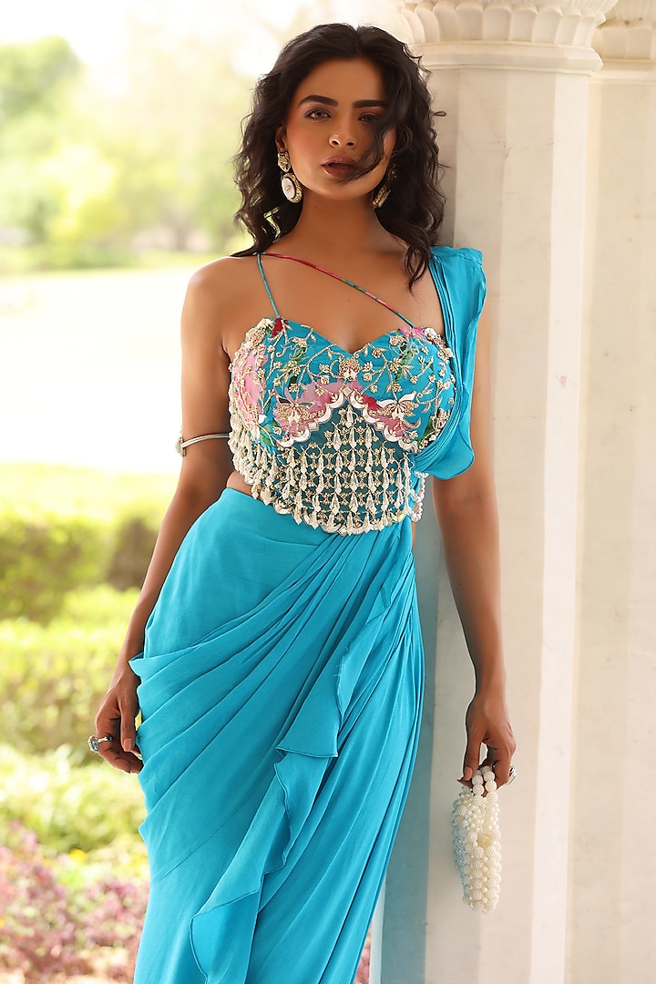 Blue Georgette Draped Skirt Set by MANISHA SONI at Pernia's Pop Up Shop