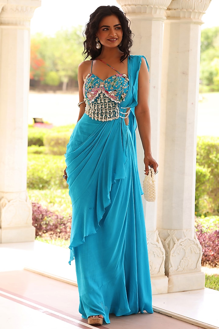 Blue Georgette Draped Skirt Set by MANISHA SONI at Pernia's Pop Up Shop