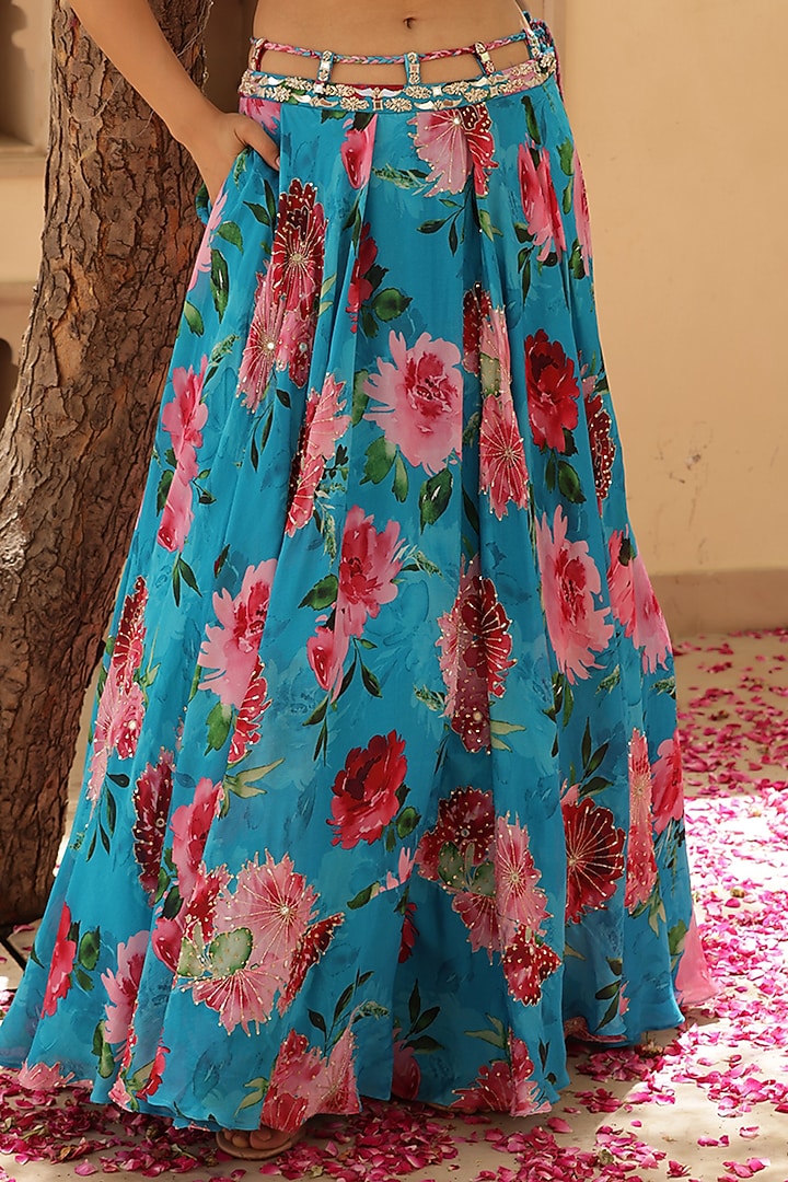 Blue Chinon Chiffon Floral Printed Pleated Wedding Lehenga Set by MANISHA SONI at Pernia's Pop Up Shop