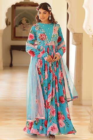 Blue Chinon Chiffon Floral Printed Anarkali Set by MANISHA SONI