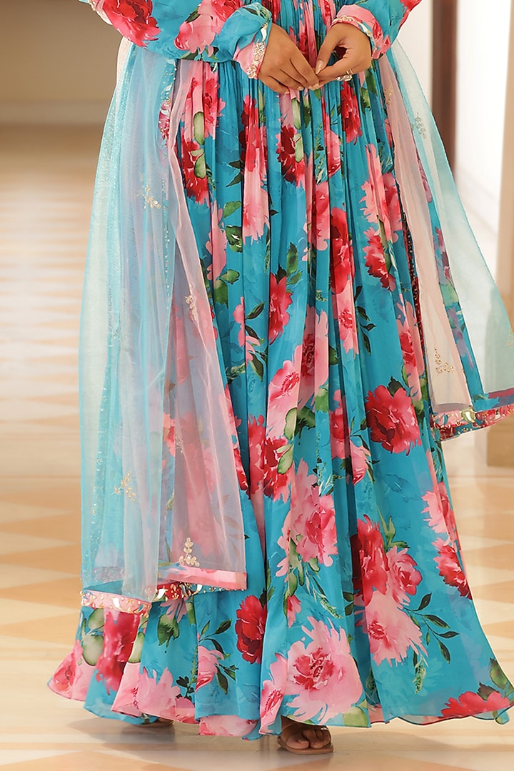 Blue Chinon Chiffon Floral Printed Party Wear Anarkali Set by MANISHA SONI at Pernia's Pop Up Shop