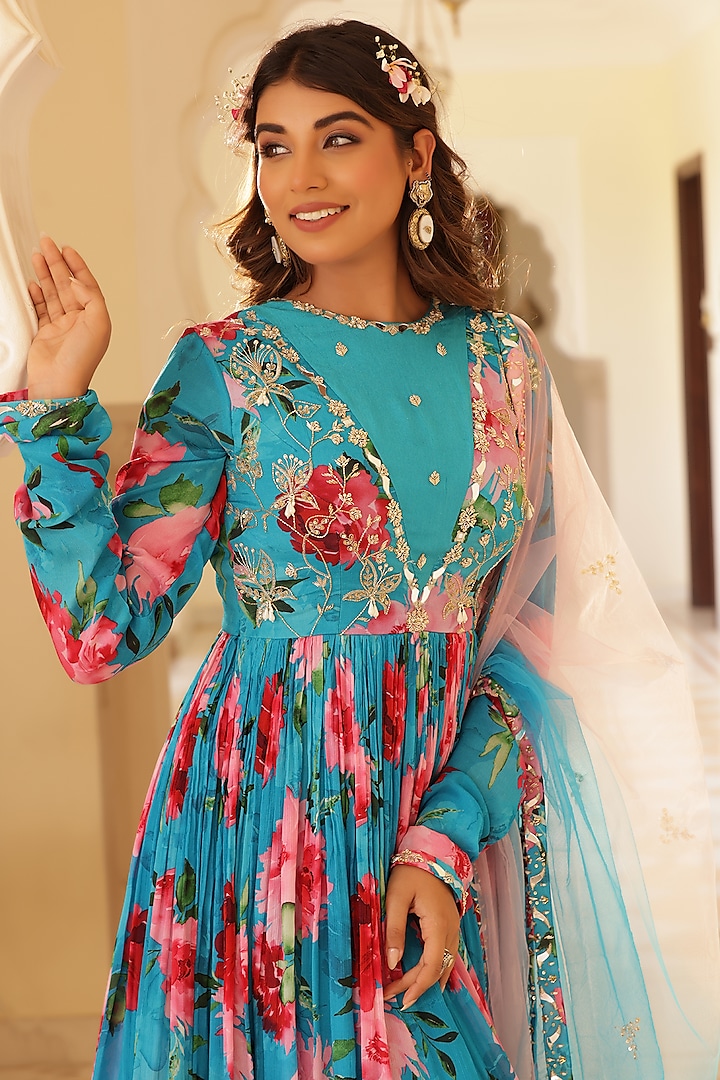 Blue Chinon Chiffon Floral Printed Party Wear Anarkali Set by MANISHA SONI at Pernia's Pop Up Shop