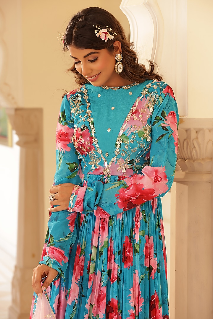 Blue Chinon Chiffon Floral Printed Party Wear Anarkali Set by MANISHA SONI at Pernia's Pop Up Shop
