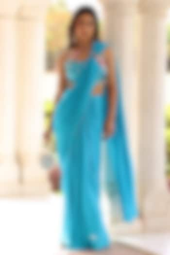 Blue Georgette Pearl Embroidered Draped Saree Set by MANISHA SONI at Pernia's Pop Up Shop