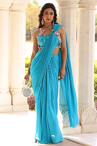 Blue Georgette Pearl Embroidered Draped Saree Set by MANISHA SONI