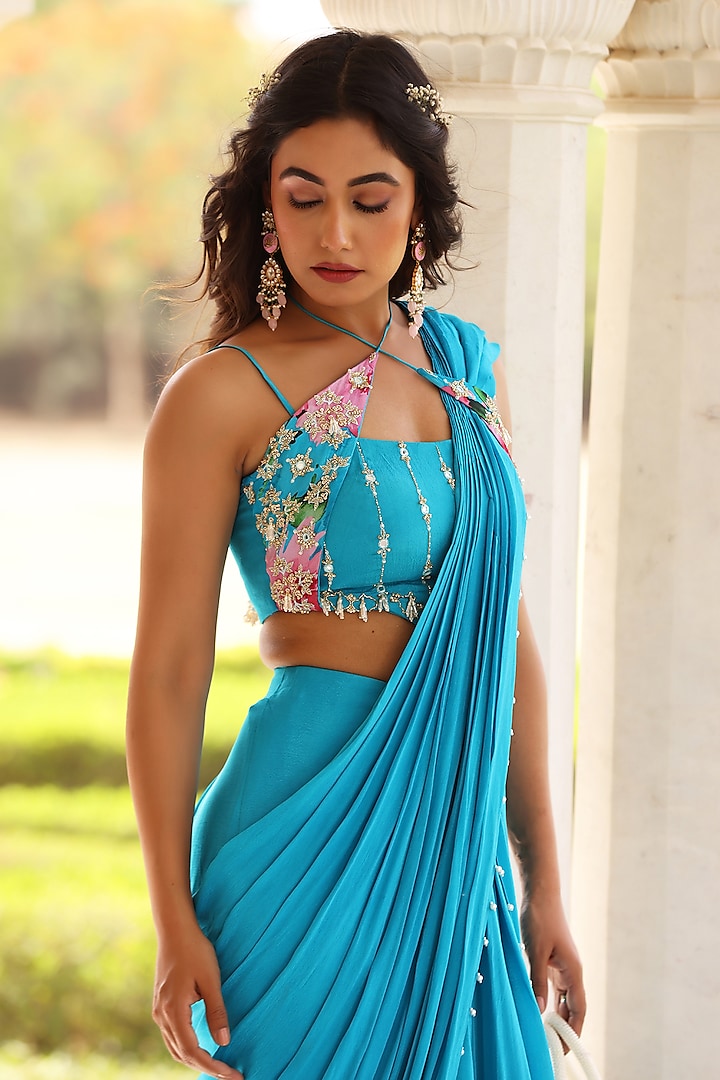 Blue Georgette Pearl Embroidered Draped Party Wear Saree Set by MANISHA SONI at Pernia's Pop Up Shop