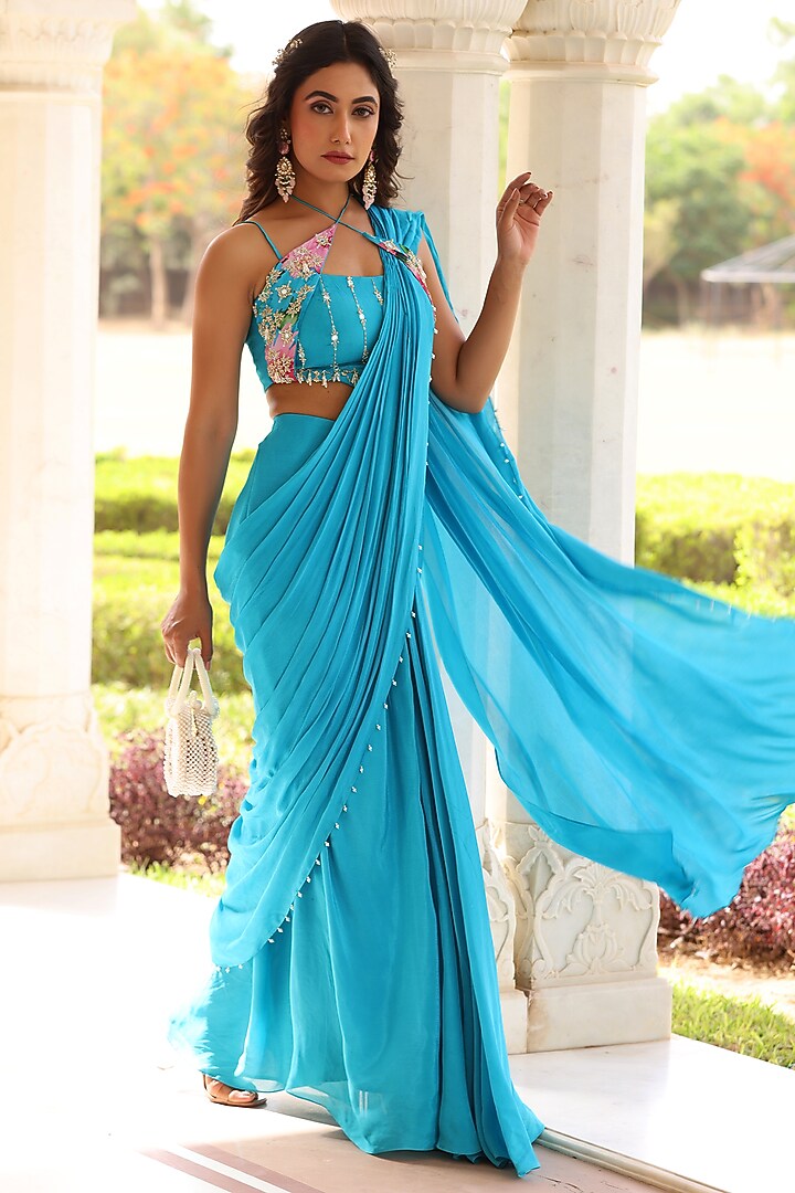 Blue Georgette Pearl Embroidered Draped Party Wear Saree Set by MANISHA SONI at Pernia's Pop Up Shop