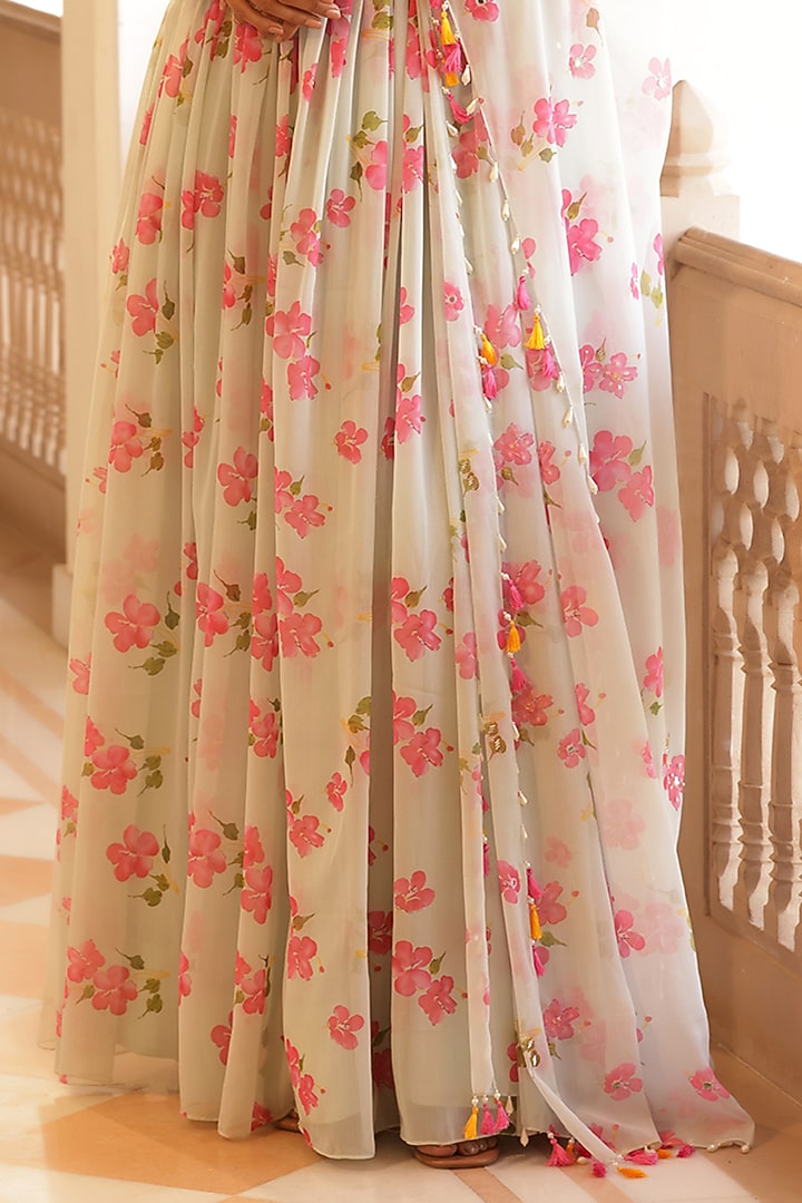 Green Georgette Floral Printed & Hand Embroidered Party Wear Anarkali Set by MANISHA SONI at Pernia's Pop Up Shop