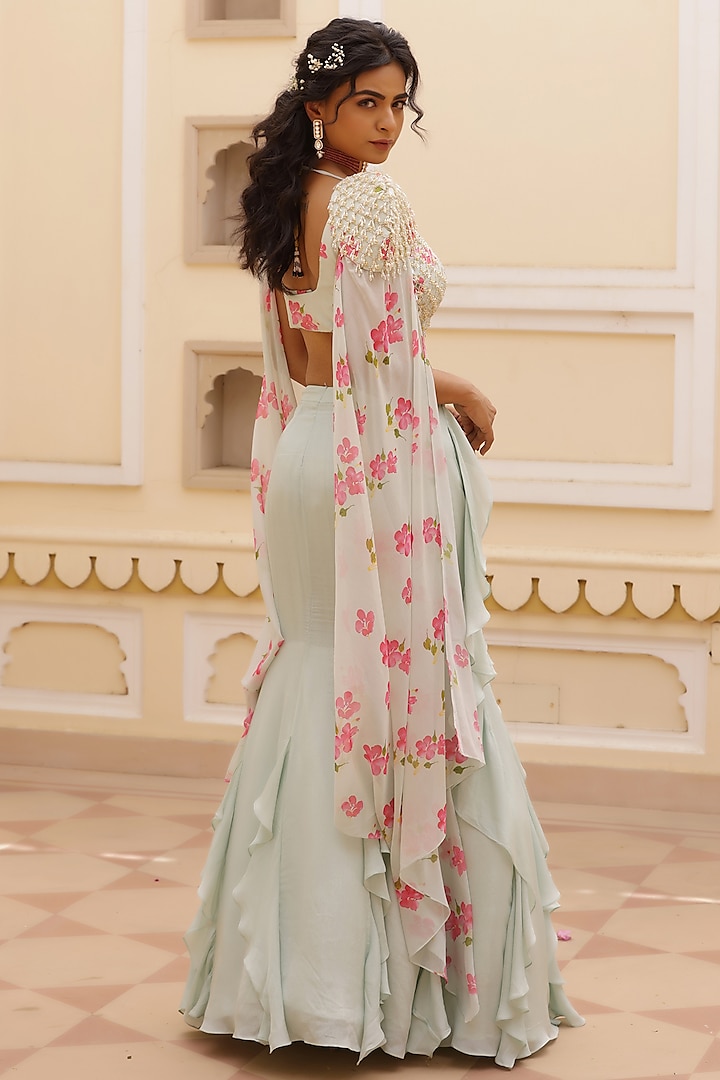 Green Georgette Ruffled Fish-Cut Skirt Set by MANISHA SONI at Pernia's Pop Up Shop