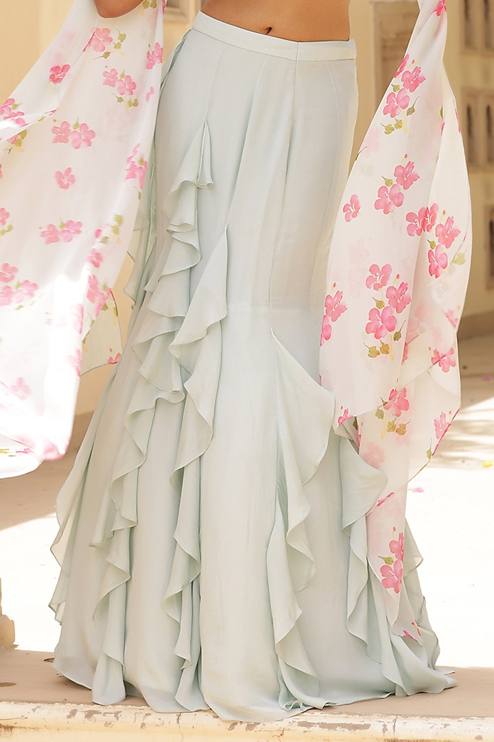Green Georgette Ruffled Fish-Cut Skirt Set by MANISHA SONI at Pernia's Pop Up Shop