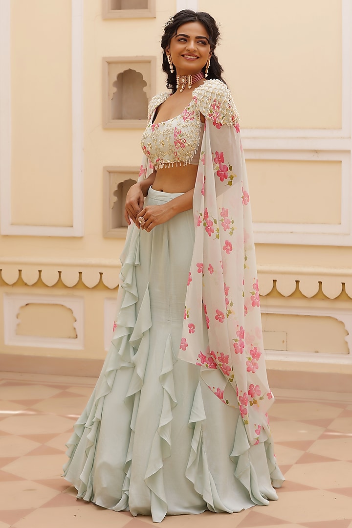 Green Georgette Ruffled Fish-Cut Skirt Set by MANISHA SONI at Pernia's Pop Up Shop