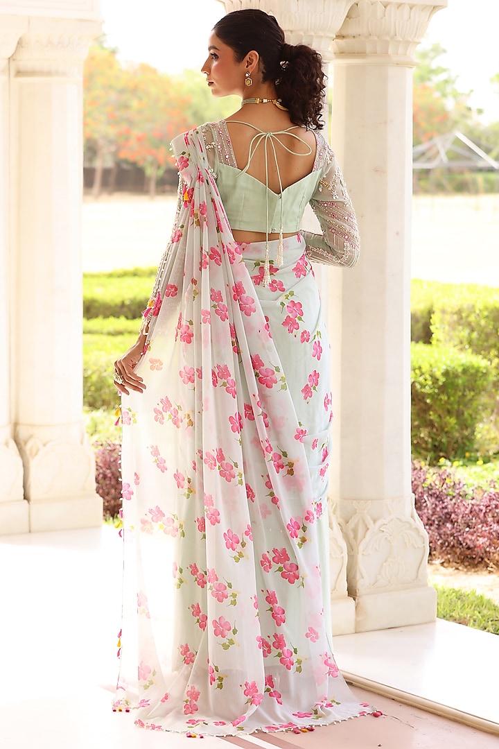 Green Georgette Floral Printed Pre-Draped Party Wear Saree Set by MANISHA SONI at Pernia's Pop Up Shop