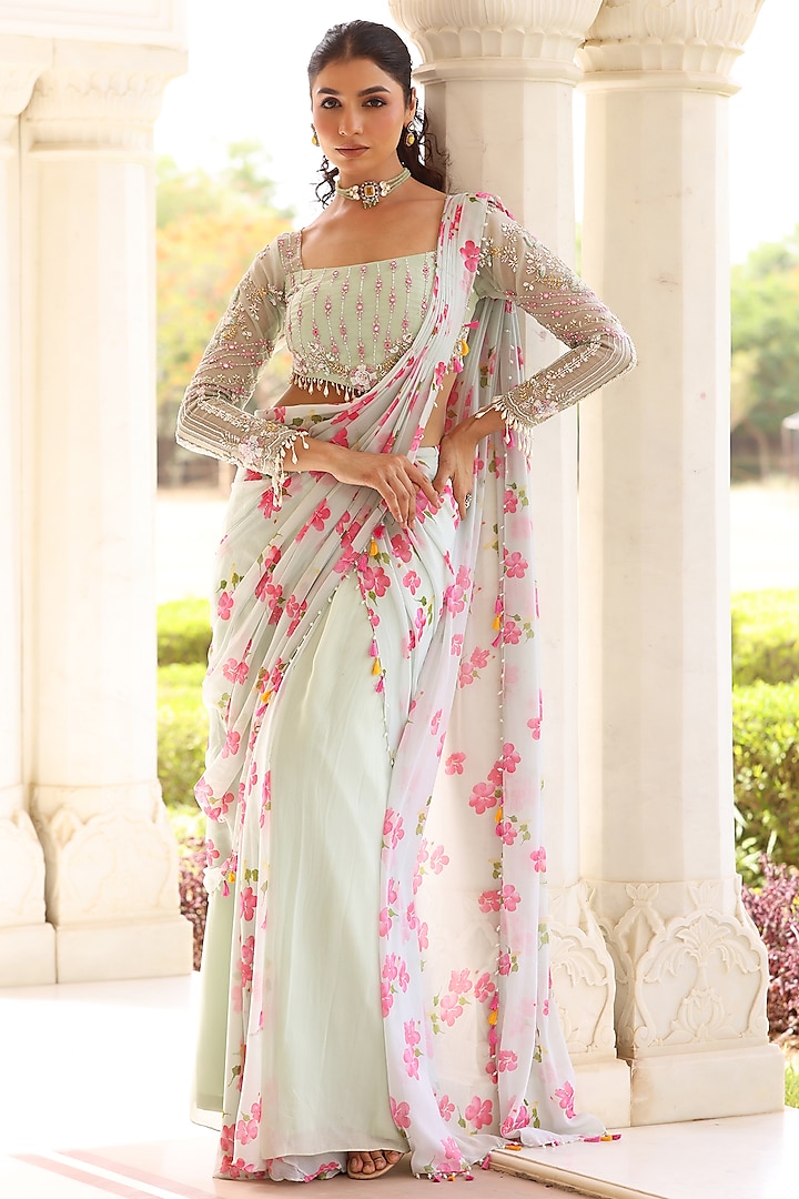 Green Georgette Floral Printed Pre-Draped Party Wear Saree Set by MANISHA SONI at Pernia's Pop Up Shop