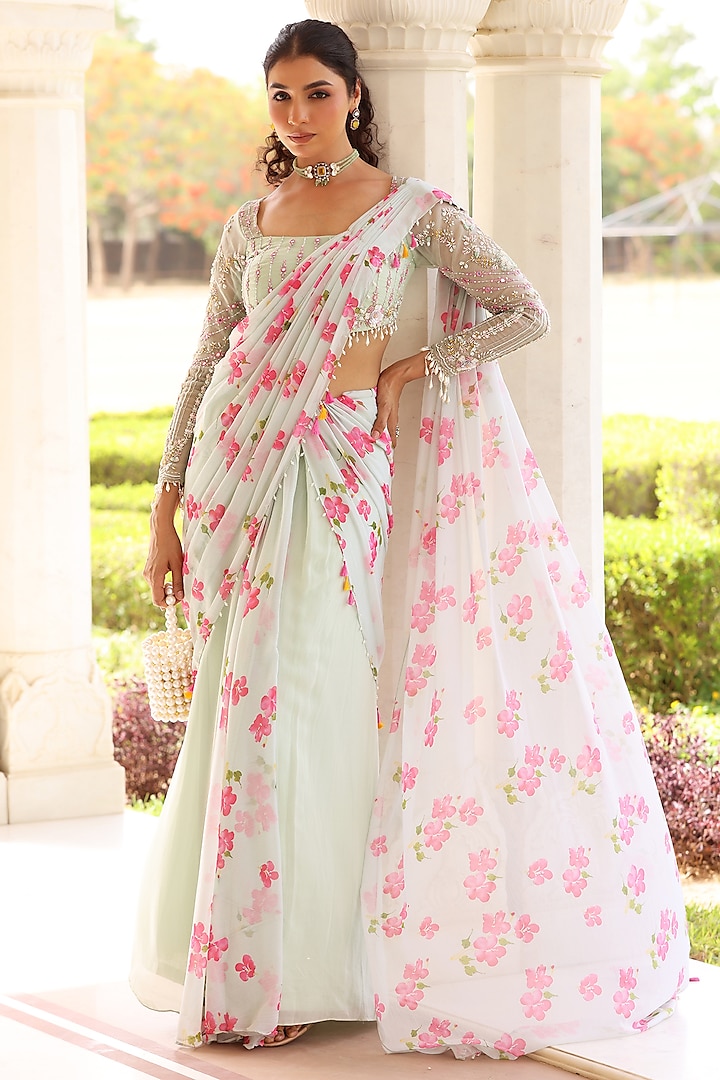Green Georgette Floral Printed Pre-Draped Party Wear Saree Set by MANISHA SONI at Pernia's Pop Up Shop