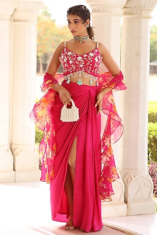 Pink Satin Draped Skirt Set by MANISHA SONI