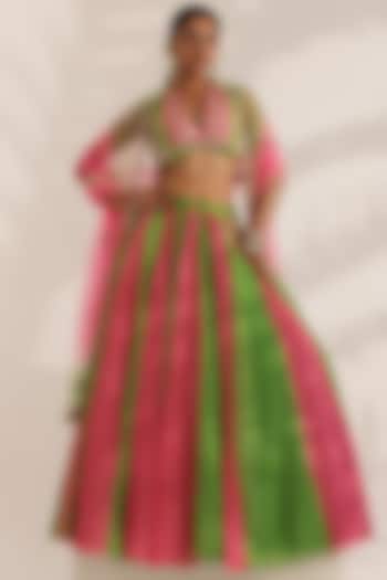 Fluorescent Pink & Lime Green Satin Georgette Bandhani Printed Wedding Lehenga Set by MANISHA SONI at Pernia's Pop Up Shop