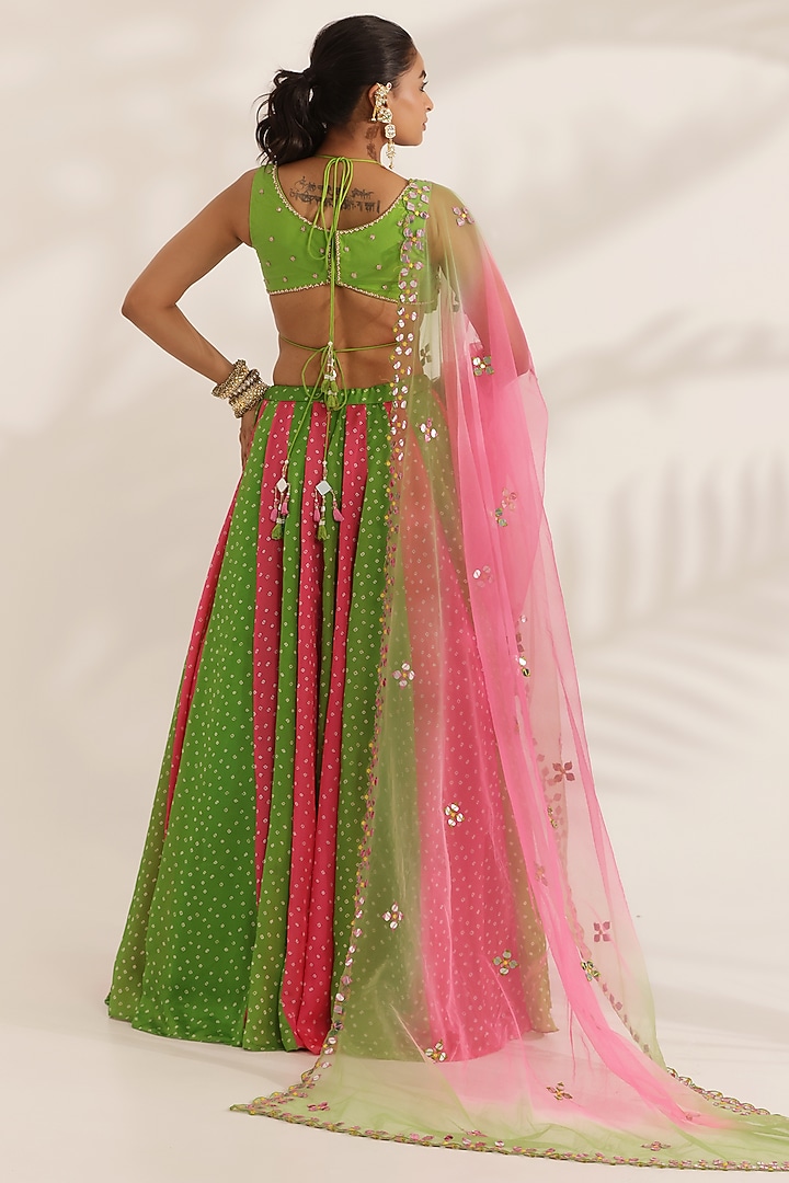 Fluorescent Pink & Lime Green Satin Georgette Bandhani Printed Wedding Lehenga Set by MANISHA SONI at Pernia's Pop Up Shop