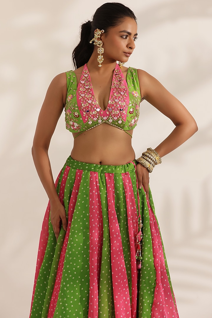 Fluorescent Pink & Lime Green Satin Georgette Bandhani Printed Wedding Lehenga Set by MANISHA SONI at Pernia's Pop Up Shop