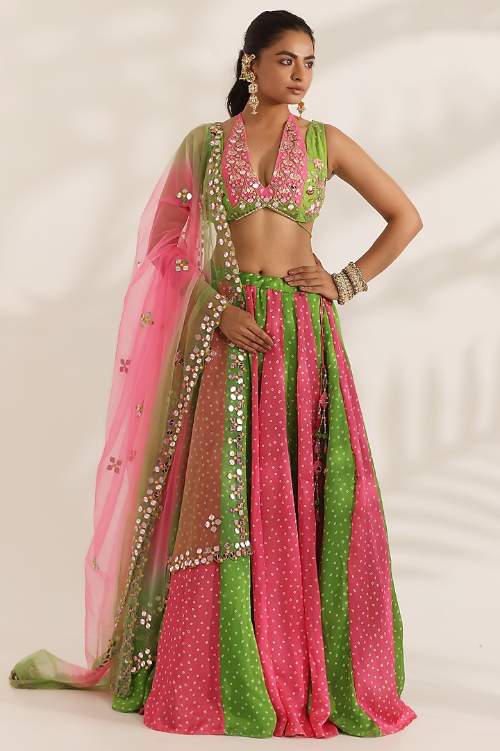Fluorescent Pink & Lime Green Satin Georgette Bandhani Printed Wedding Lehenga Set by MANISHA SONI at Pernia's Pop Up Shop