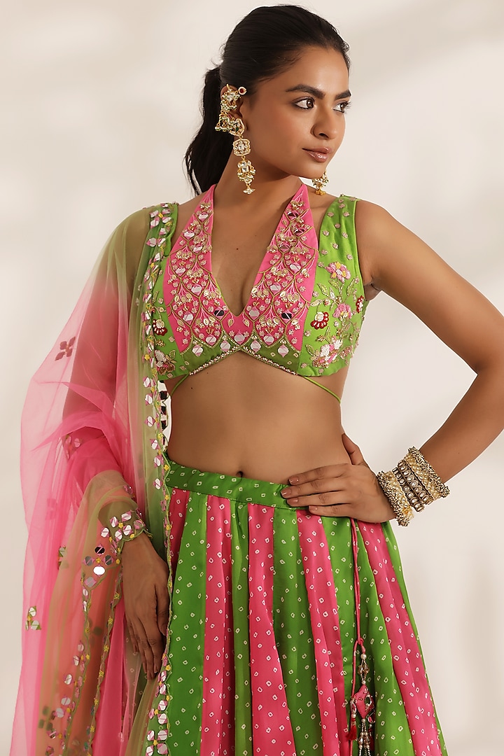 Fluorescent Pink & Lime Green Satin Georgette Bandhani Printed Wedding Lehenga Set by MANISHA SONI at Pernia's Pop Up Shop