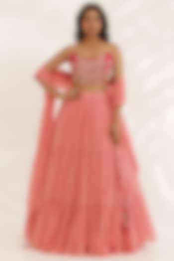 Coral Peach Georgette Tie-Dyed Bandhani Printed Wedding Lehenga Set by MANISHA SONI at Pernia's Pop Up Shop
