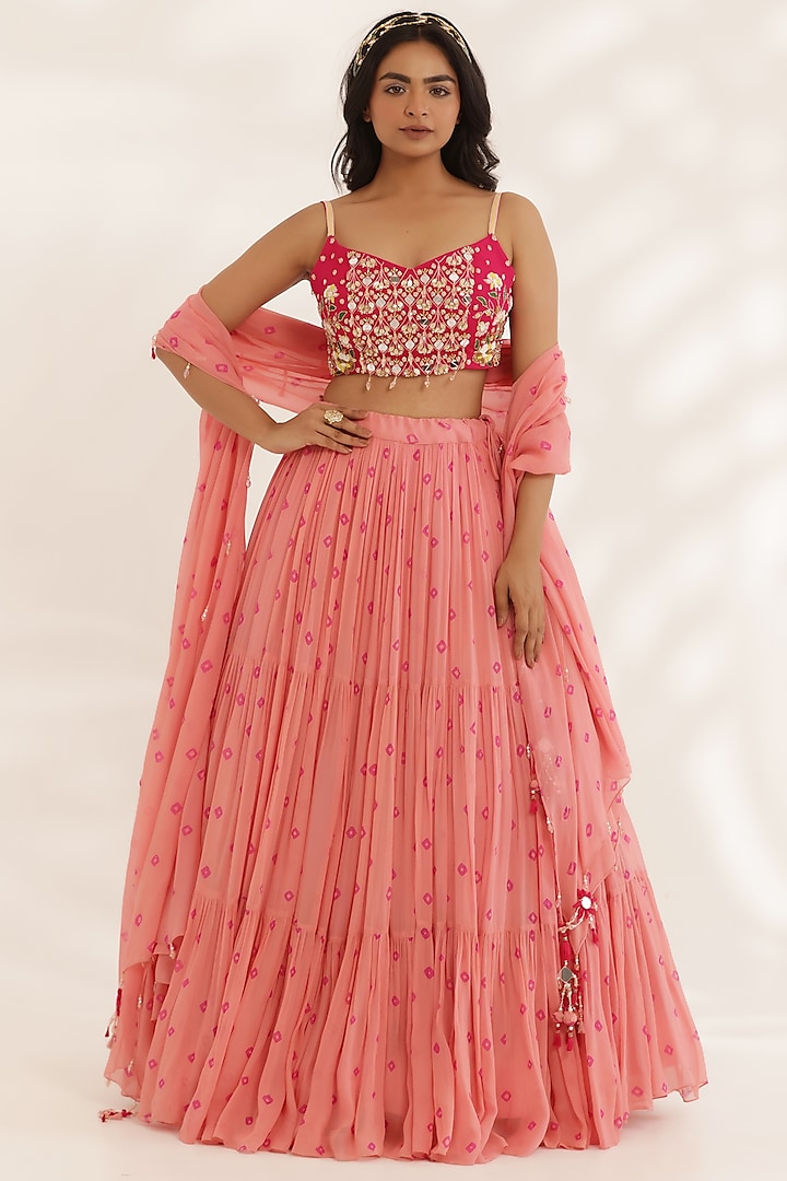 Coral Peach Georgette Tie-Dyed Bandhani Printed Wedding Lehenga Set by MANISHA SONI at Pernia's Pop Up Shop