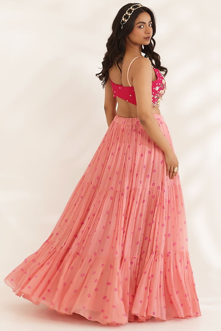 Coral Peach Georgette Tie-Dyed Bandhani Printed Wedding Lehenga Set by MANISHA SONI at Pernia's Pop Up Shop