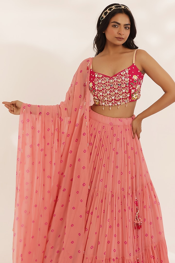 Coral Peach Georgette Tie-Dyed Bandhani Printed Wedding Lehenga Set by MANISHA SONI at Pernia's Pop Up Shop