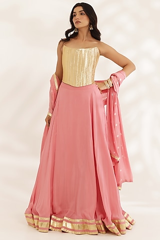 Coral Peach Natural Crepe Lehenga Set by MANISHA SONI