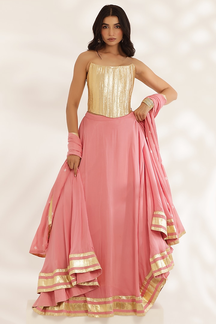 Coral Peach Natural Crepe Lehenga Set by MANISHA SONI at Pernia's Pop Up Shop