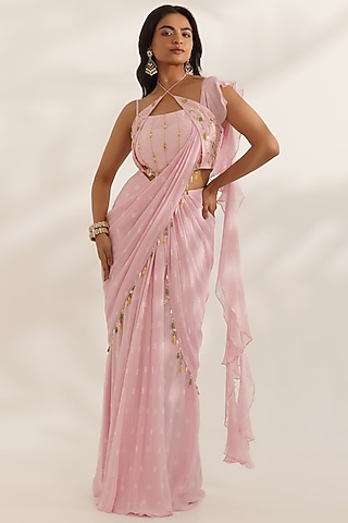 Pastel Pink Georgette Bandhani Printed Draped Saree Set by MANISHA SONI